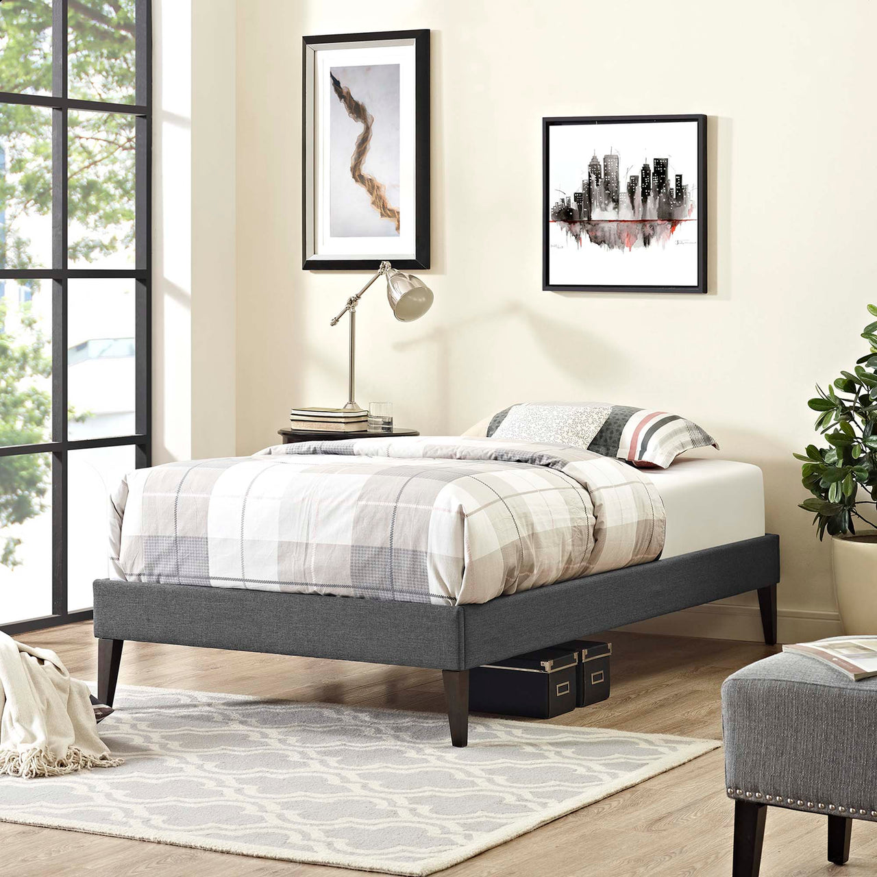 Tasha Fabric Twin Bed Frame, Gray