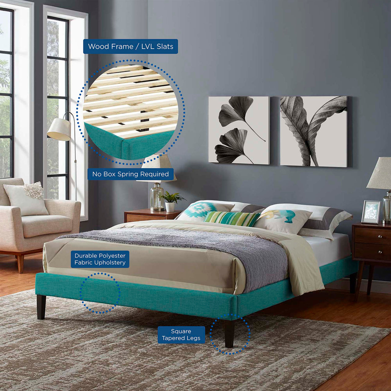 Tasha Fabric King Bed Frame, Teal