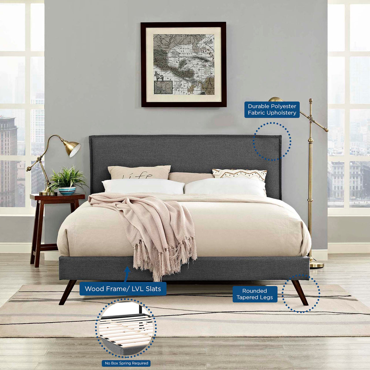 Alinna Fabric Queen Platform Bed, Gray