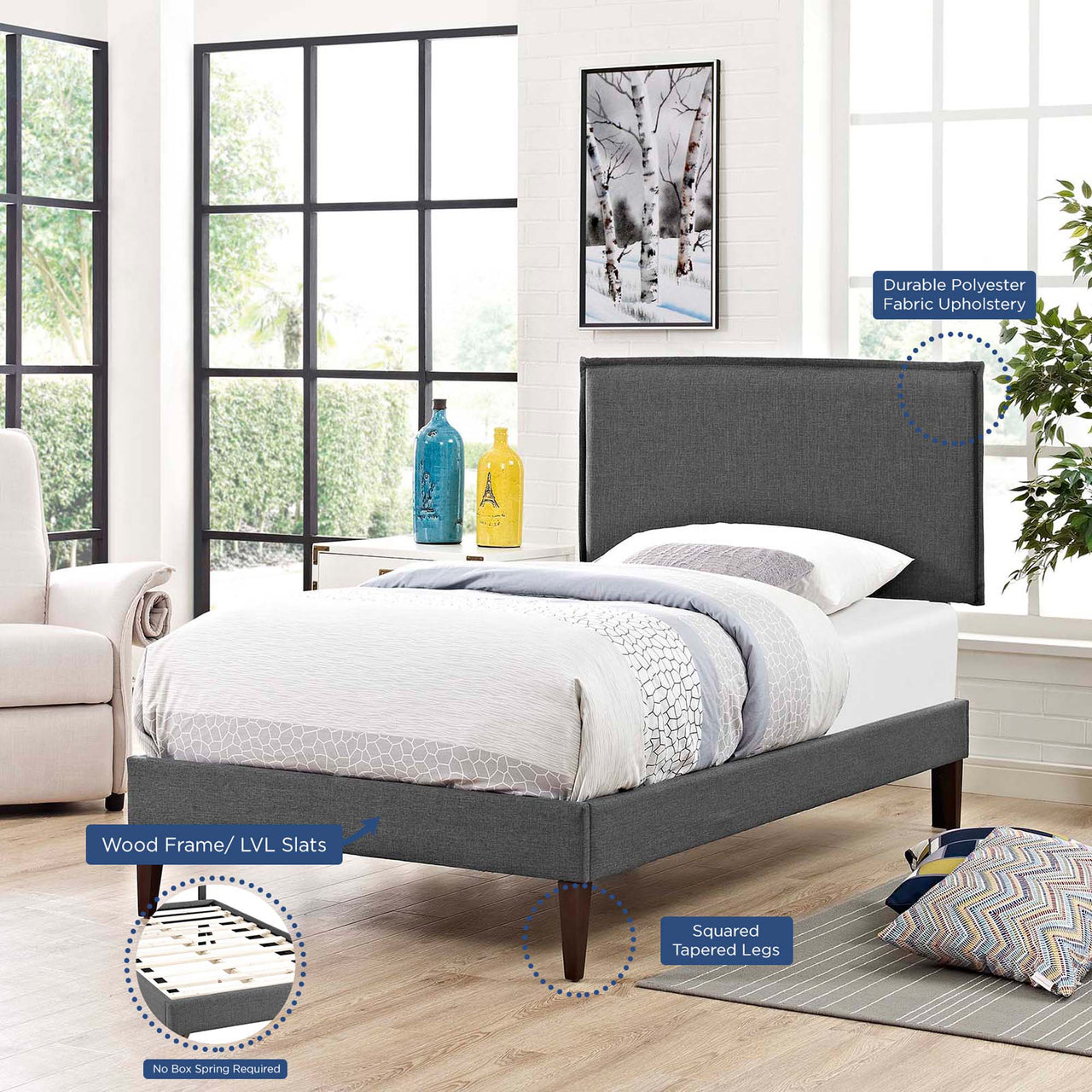 Alinna Fabric Twin Platform Bed, Gray