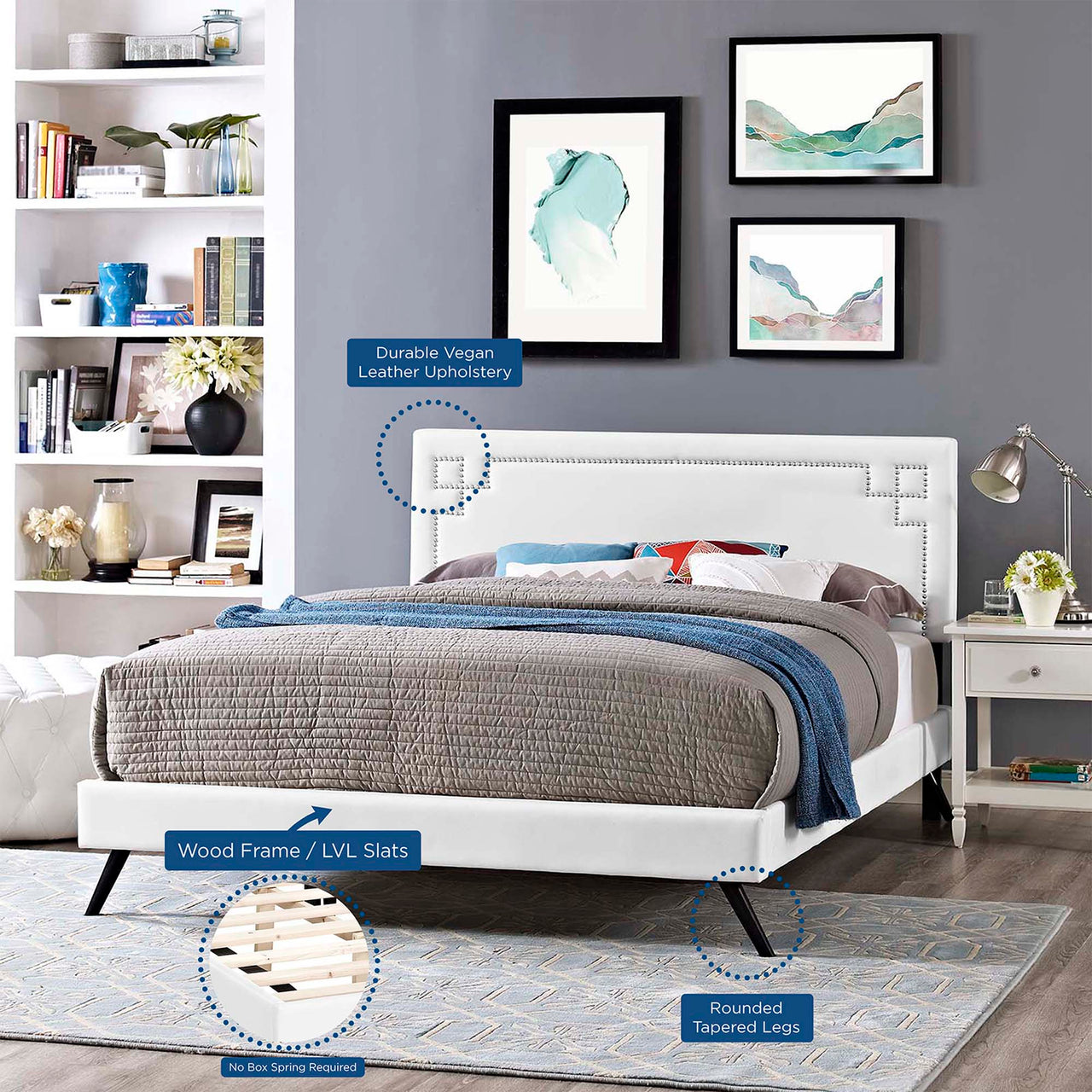 Xochi Eco-Leather Queen Platform Bed, White