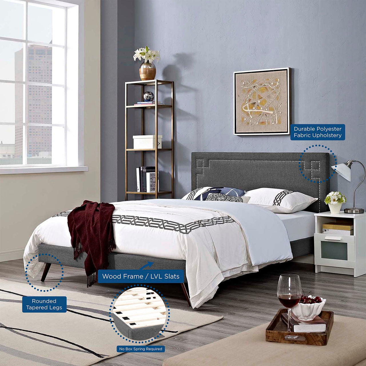 Xochi Fabric Queen Platform Bed, Gray