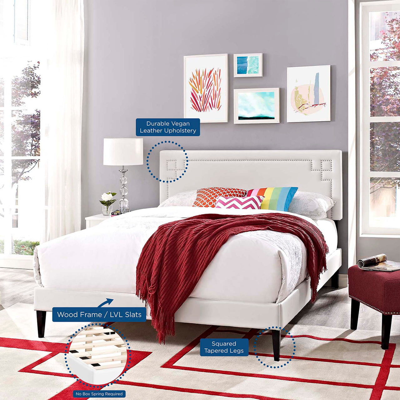 Xochi Eco-Leather Queen Platform Bed, White