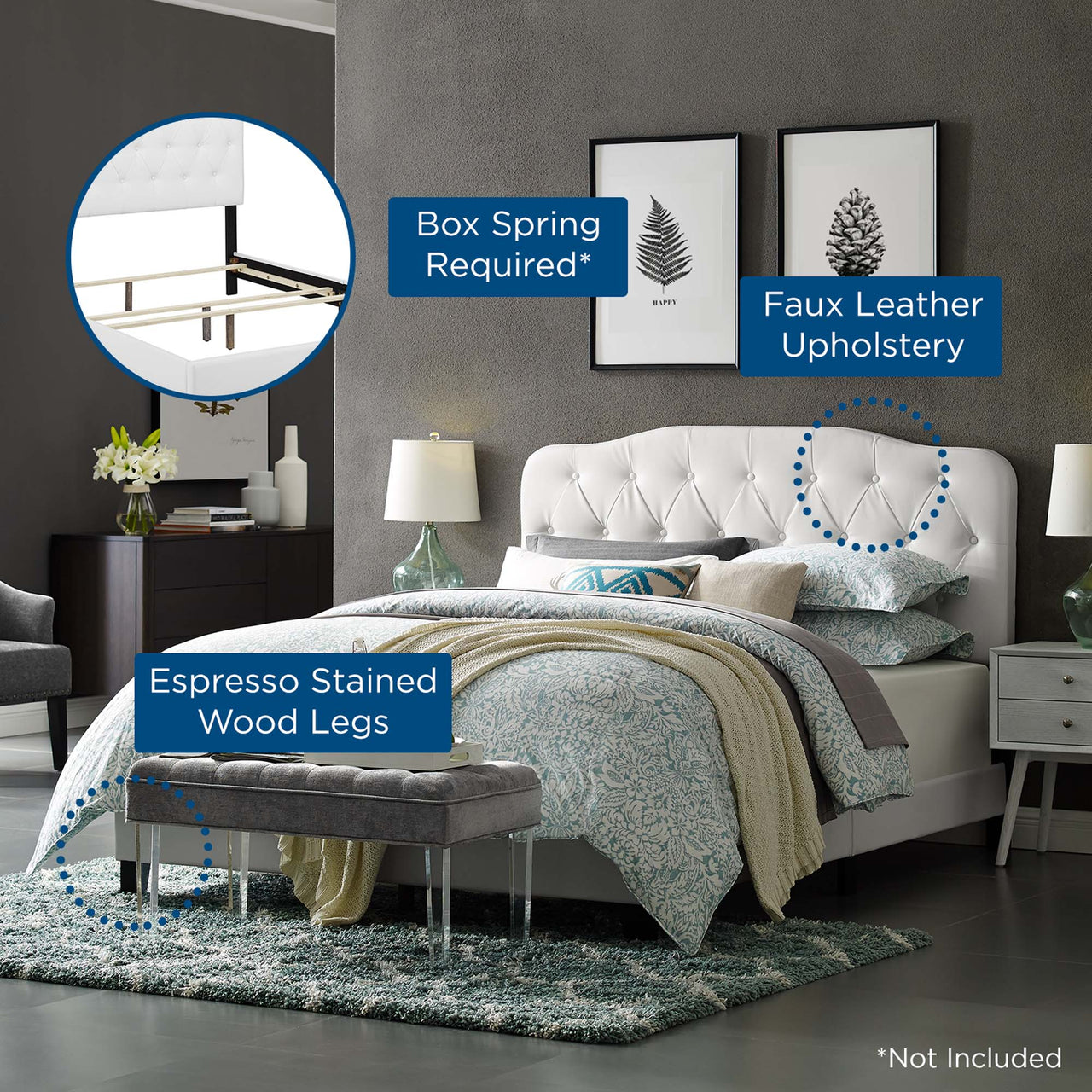 Elira Faux Leather King Bed, White