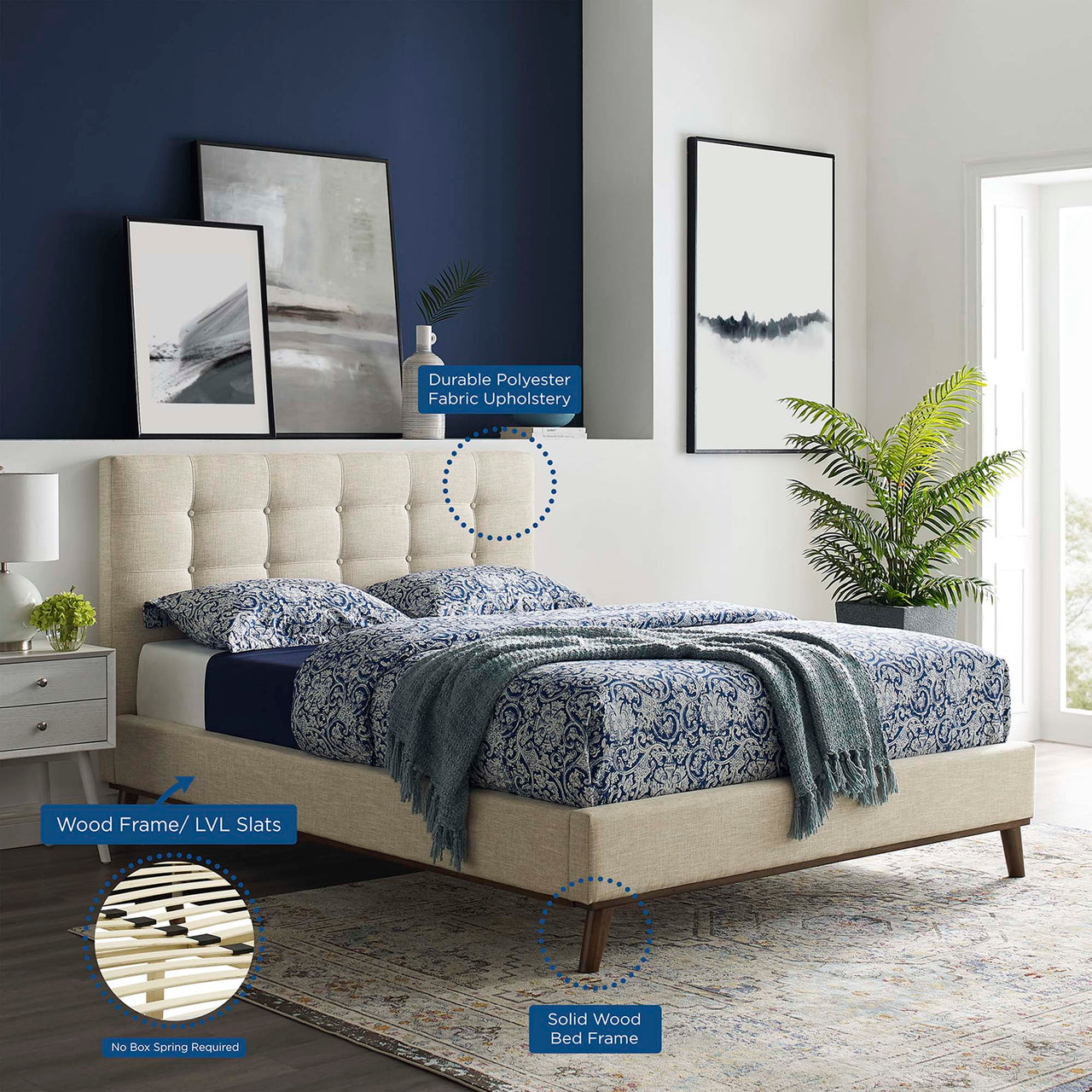 Kendra Fabric Queen Platform Bed, Beige