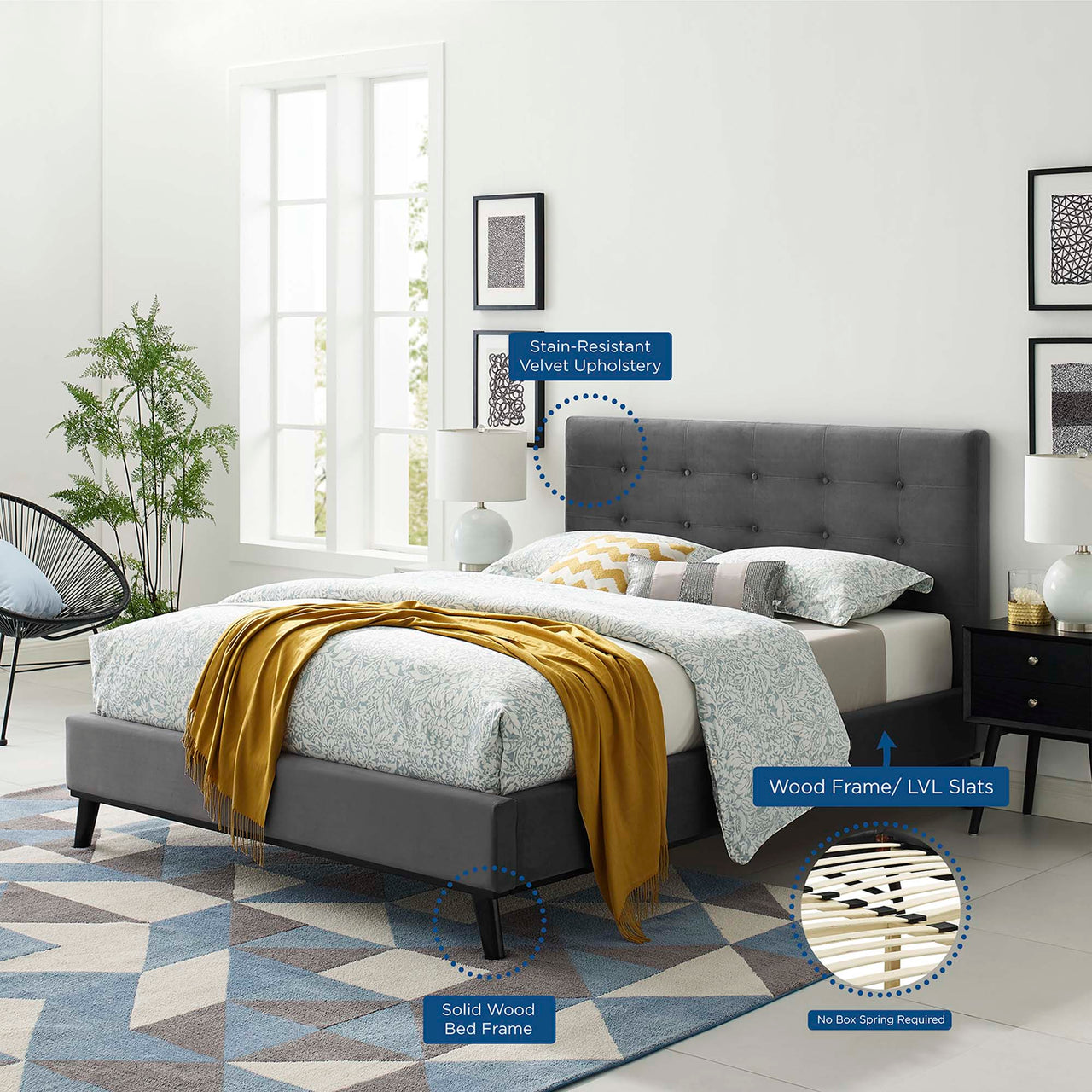 Kendra Velvet Queen Platform Bed, Gray