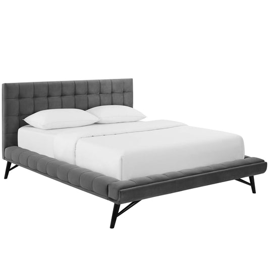 Ridge Upholstered Velvet Queen Platform Bed, Gray