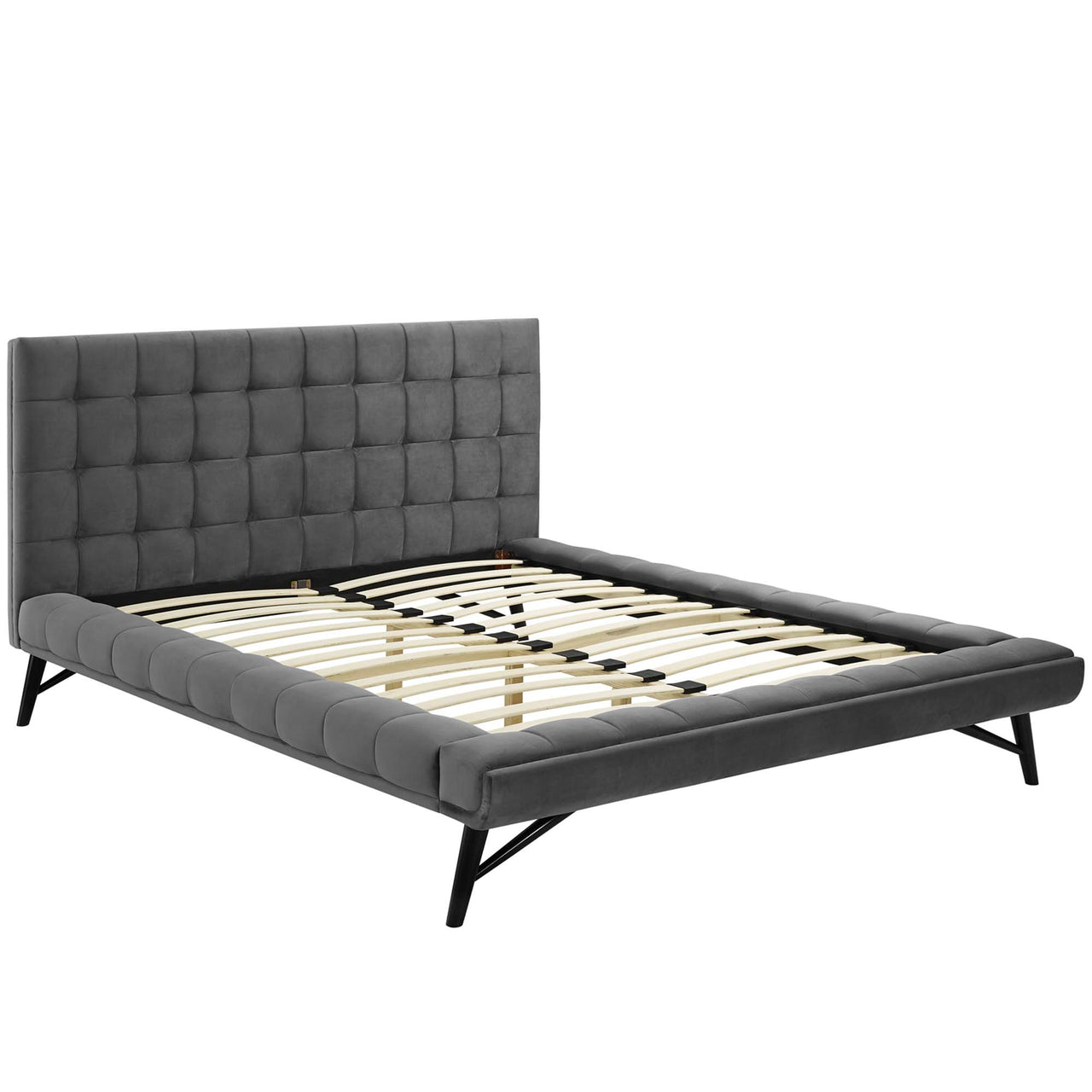 Ridge Upholstered Velvet Queen Platform Bed, Gray