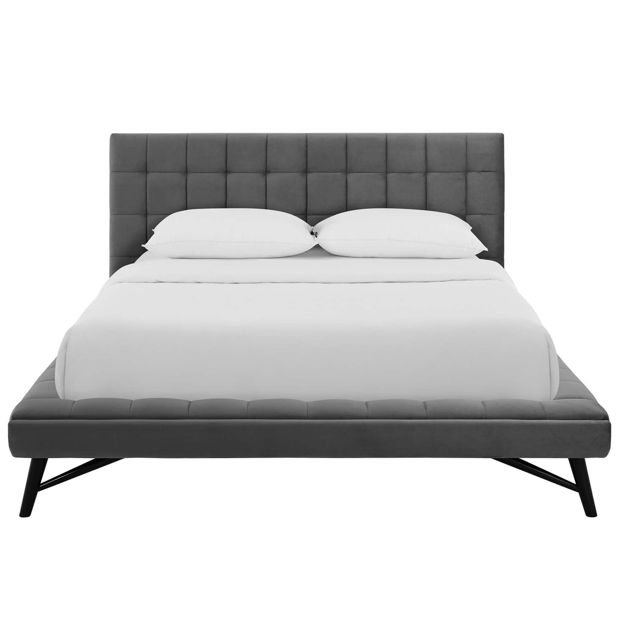 Ridge Upholstered Velvet Queen Platform Bed, Gray