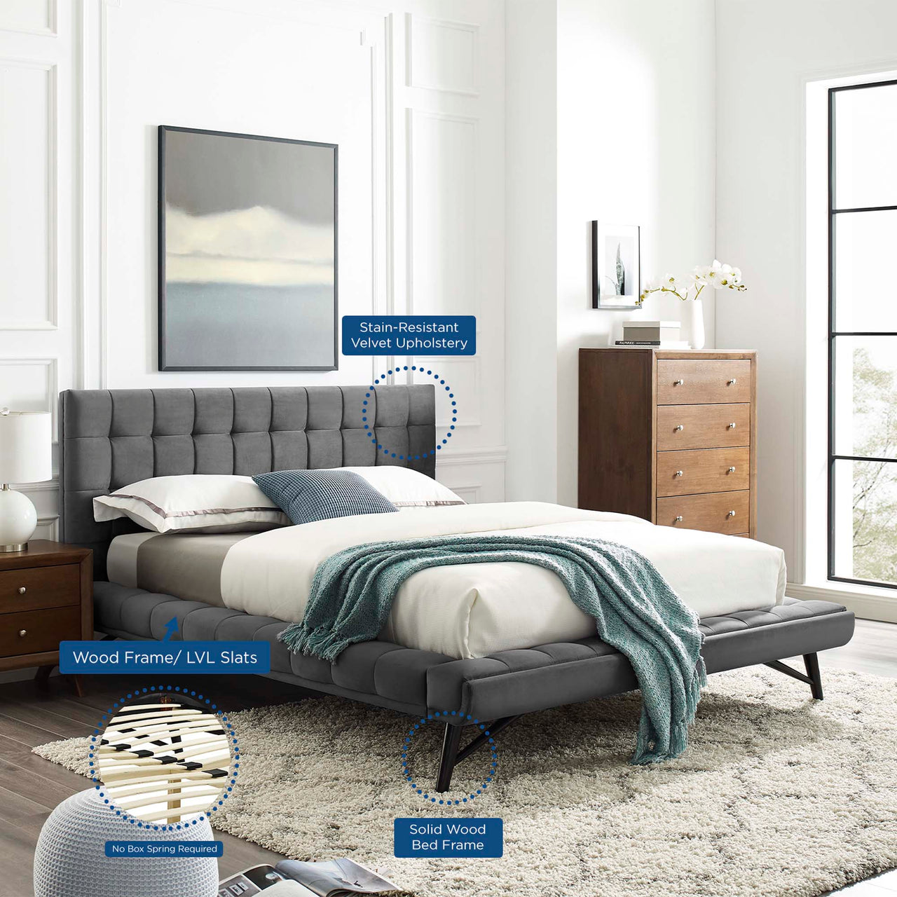 Ridge Upholstered Velvet Queen Platform Bed, Gray