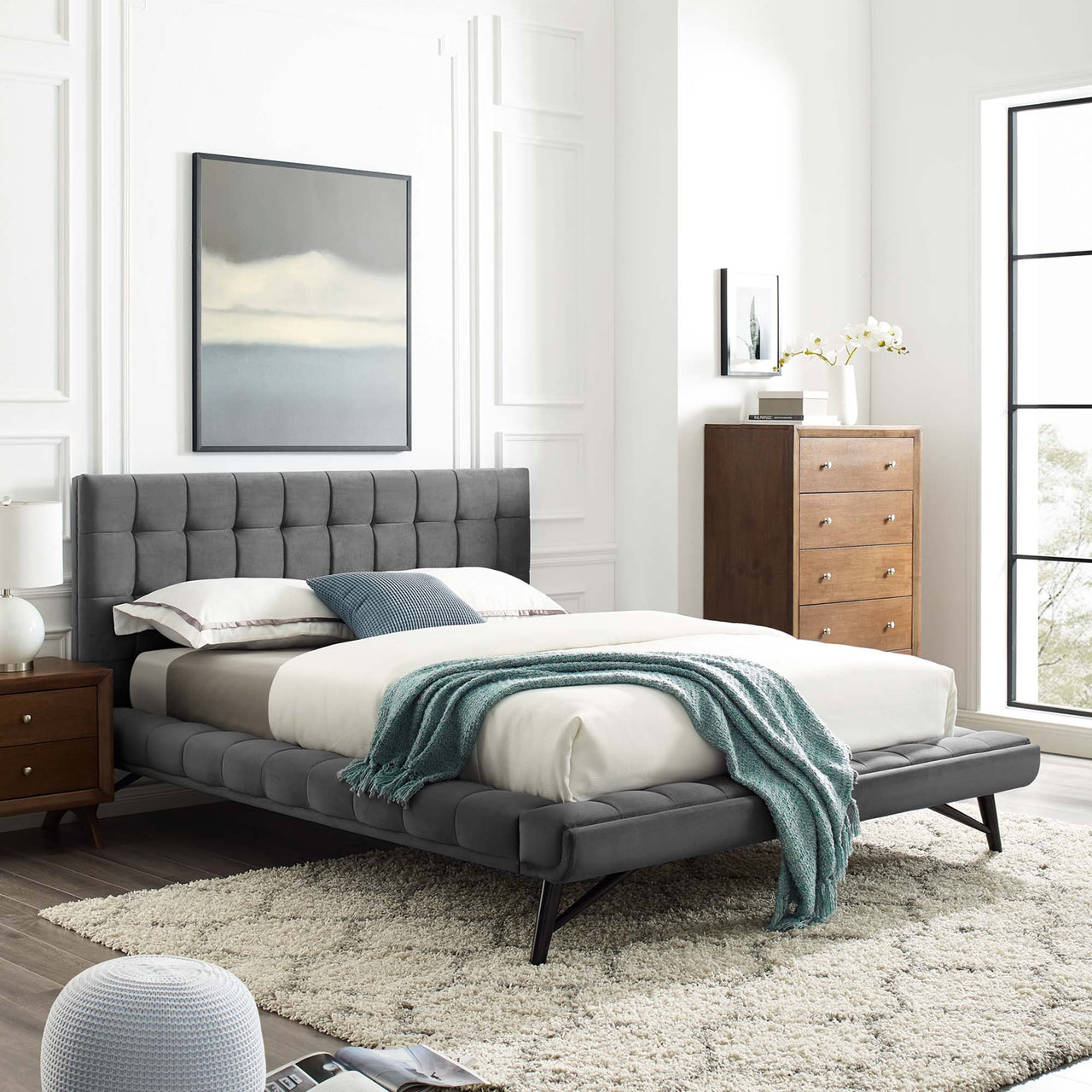 Ridge Upholstered Velvet Queen Platform Bed, Gray