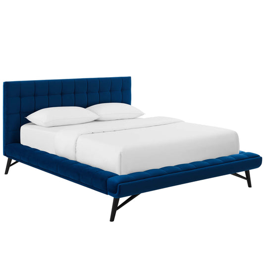 Ridge Upholstered Velvet Queen Platform Bed, Navy