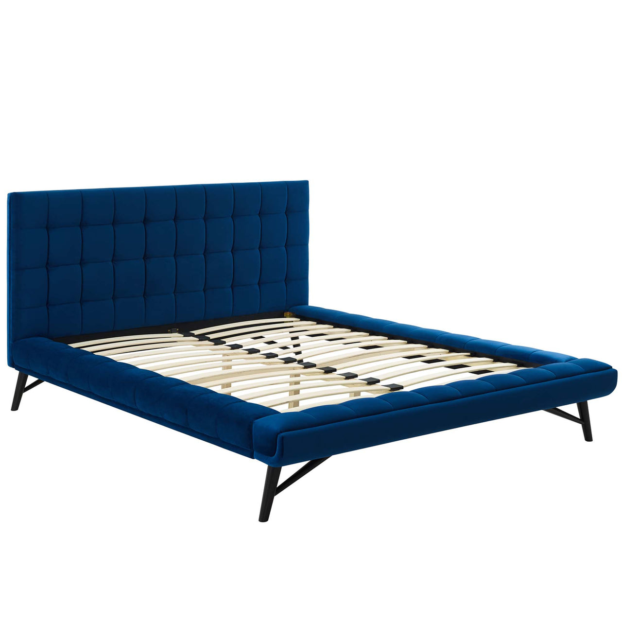Ridge Upholstered Velvet Queen Platform Bed, Navy