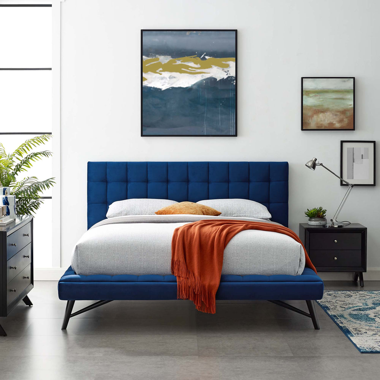 Ridge Upholstered Velvet Queen Platform Bed, Navy
