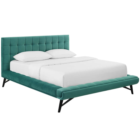 Ridge Upholstered Velvet Queen Platform Bed, Teal