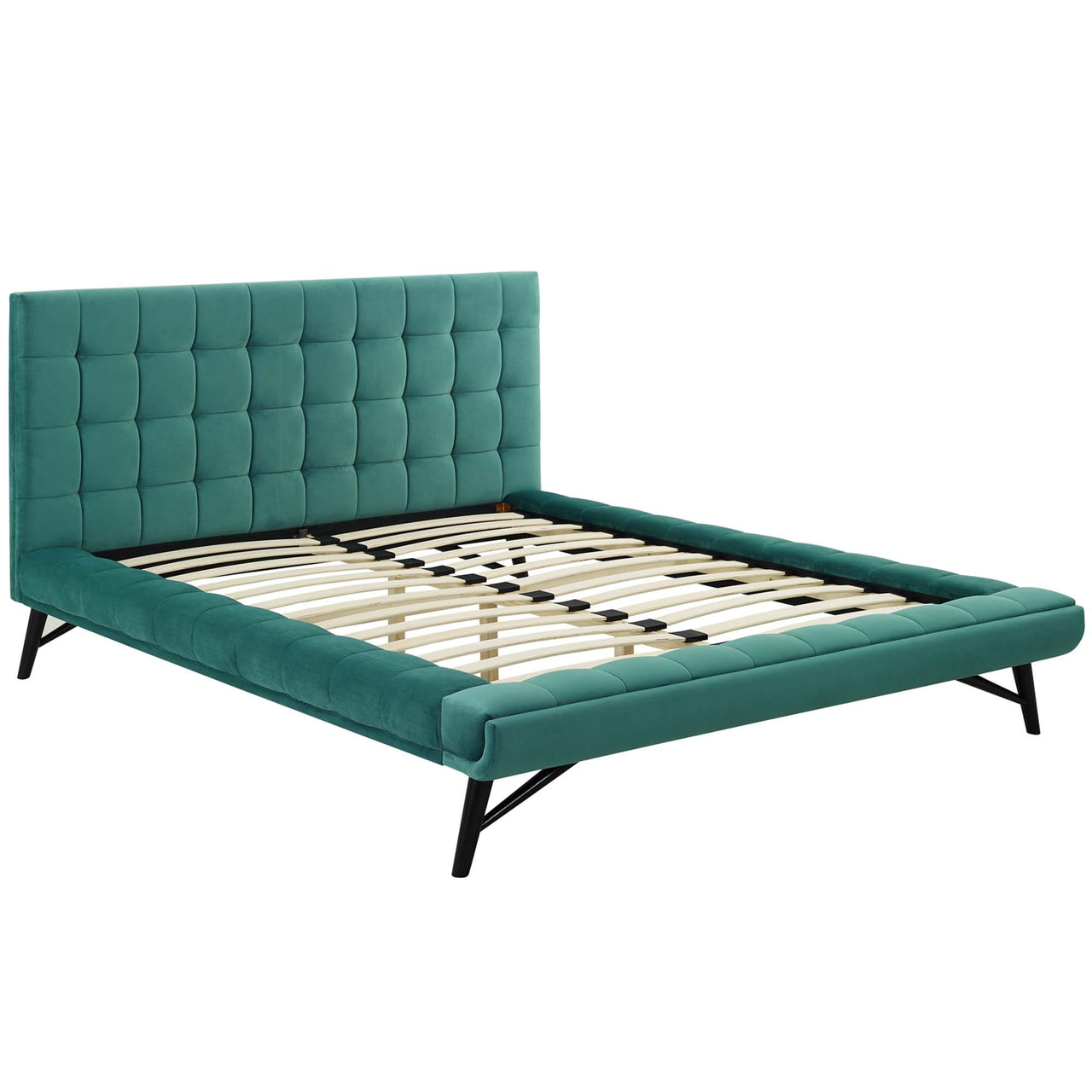 Ridge Upholstered Velvet Queen Platform Bed, Teal