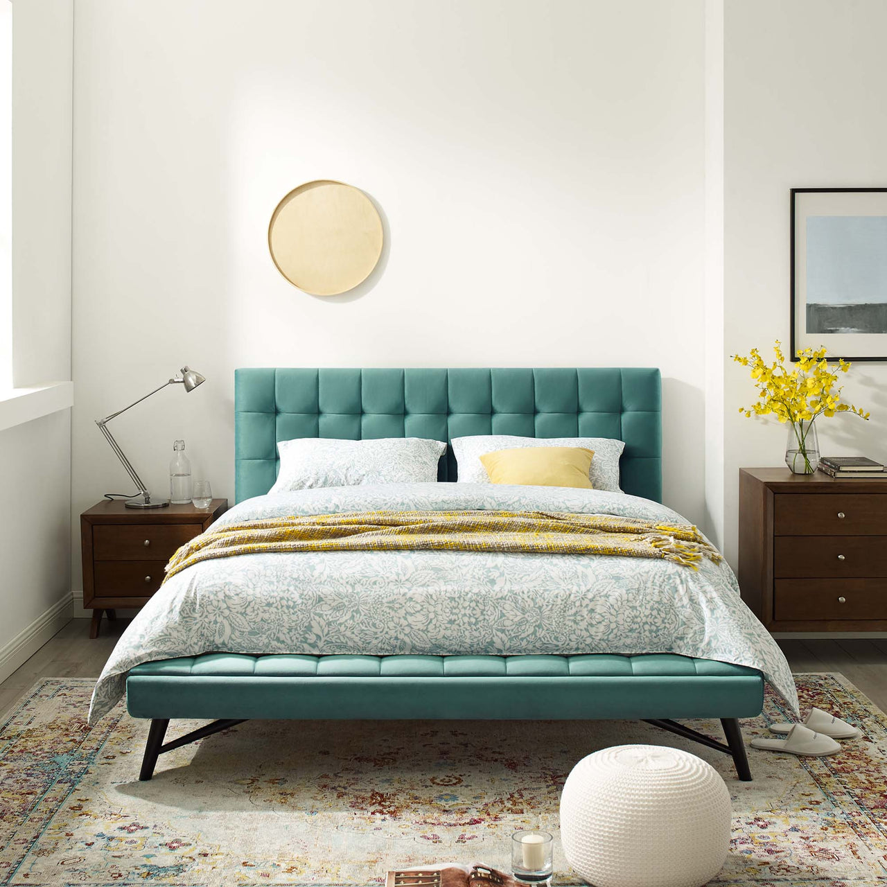 Ridge Upholstered Velvet Queen Platform Bed, Teal