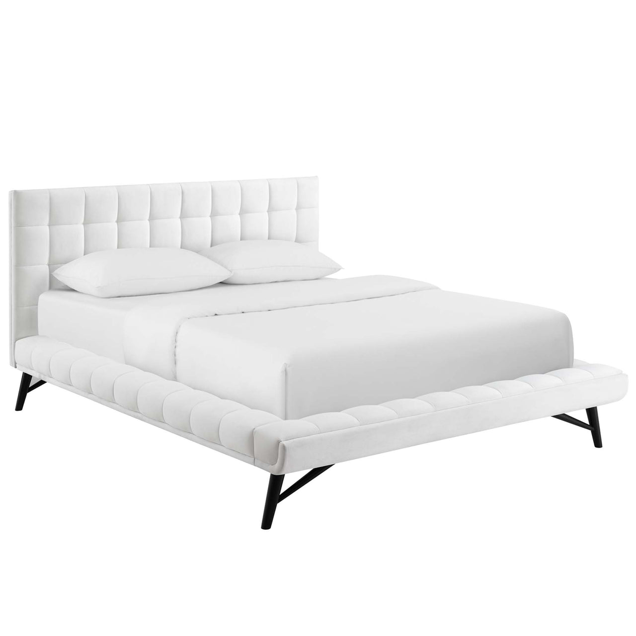 Ridge Upholstered Velvet Queen Platform Bed, White