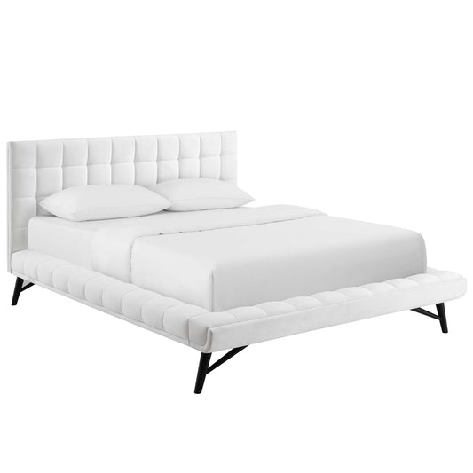 Ridge Upholstered Velvet Queen Platform Bed, White