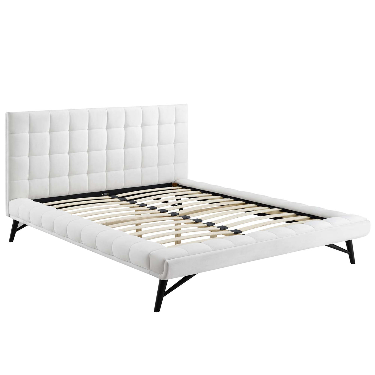 Ridge Upholstered Velvet Queen Platform Bed, White