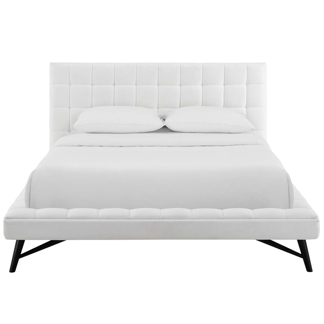 Ridge Upholstered Velvet Queen Platform Bed, White