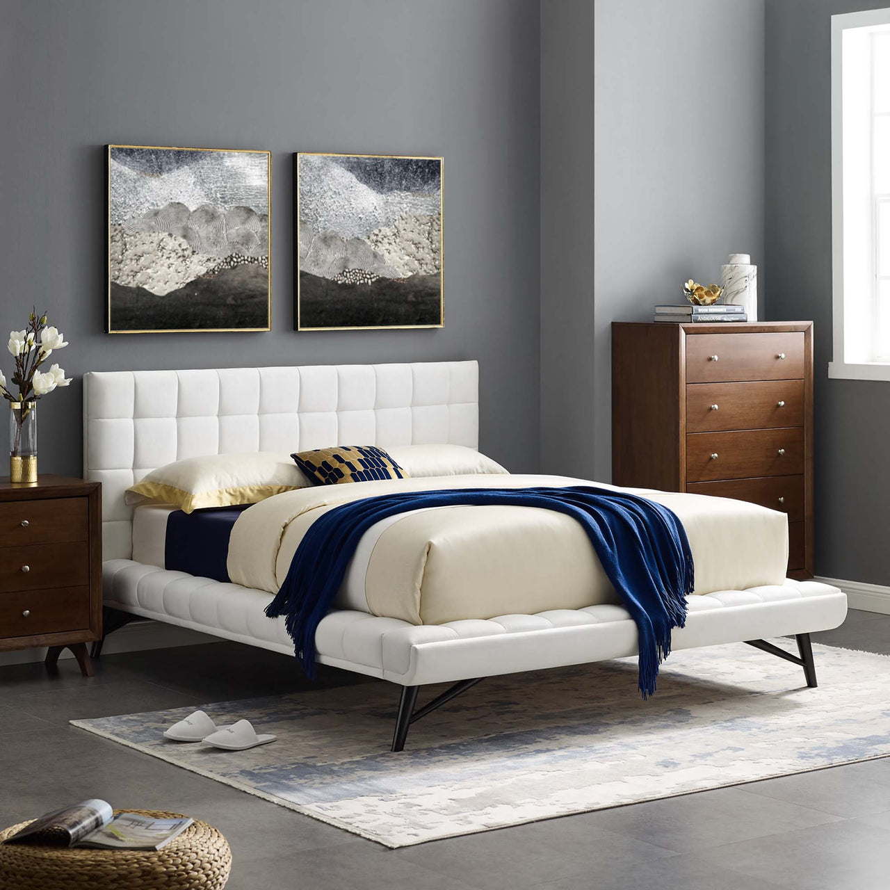 Ridge Upholstered Velvet Queen Platform Bed, White