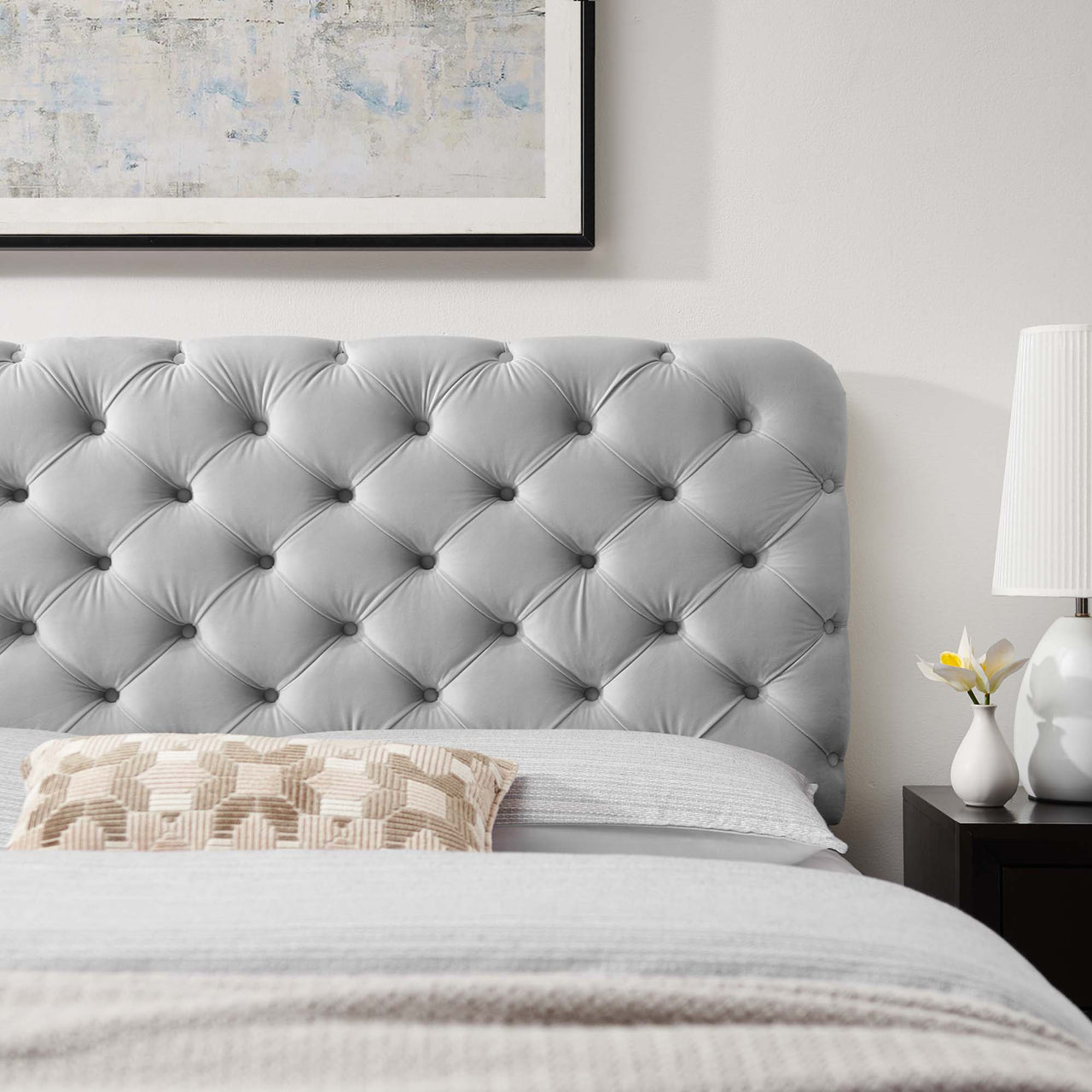 Permea Upholstered Velvet Full | QueenHeadboard, Light Gray