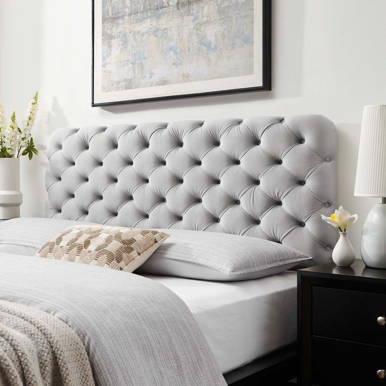 Permea Upholstered Velvet Full | QueenHeadboard, Light Gray