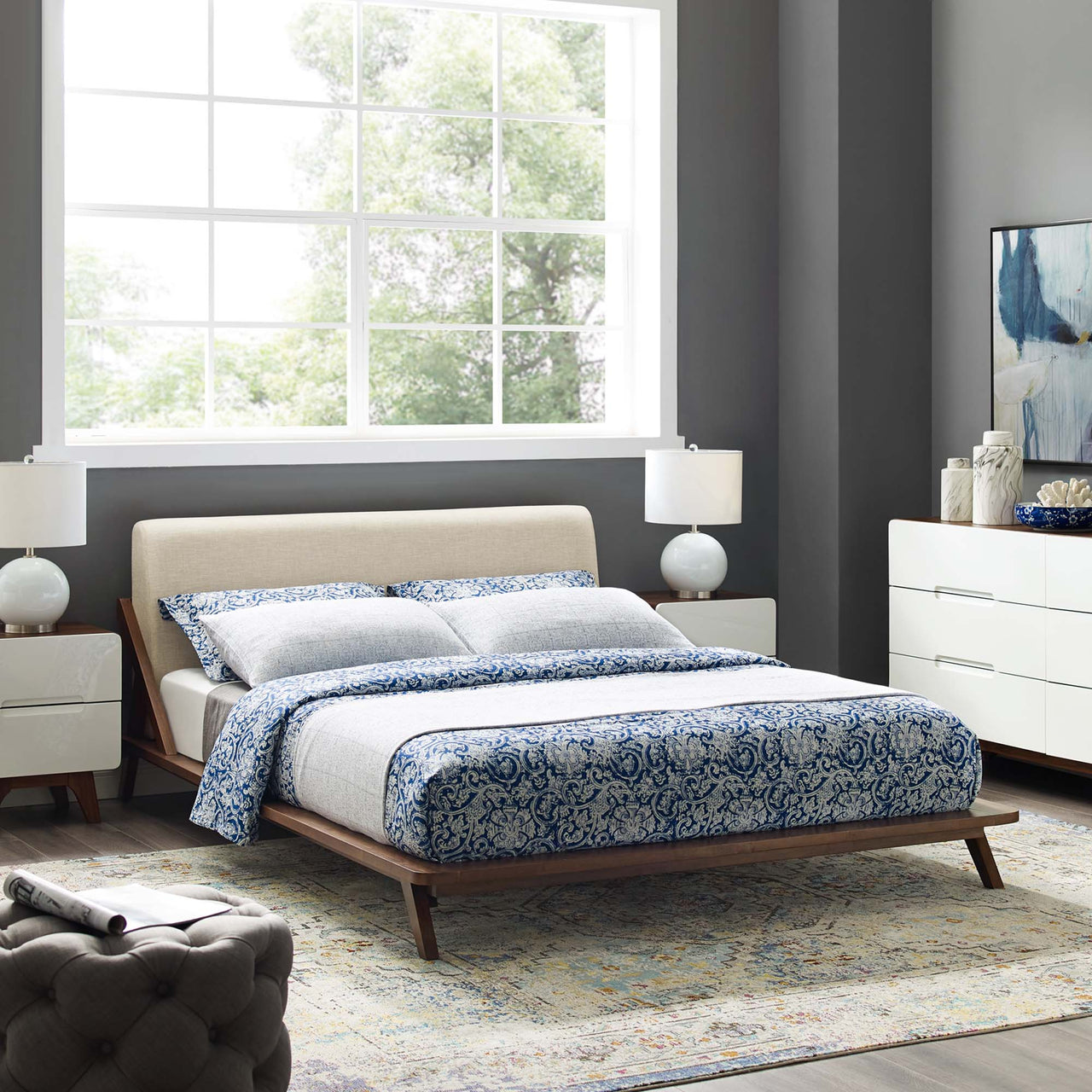Luvena Queen Platform Bed, Walnut & Beige
