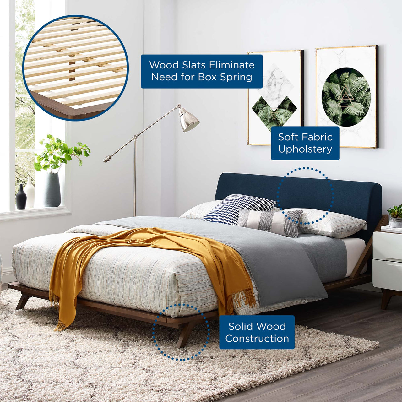 Luvena Queen Platform Bed, Walnut & Blue