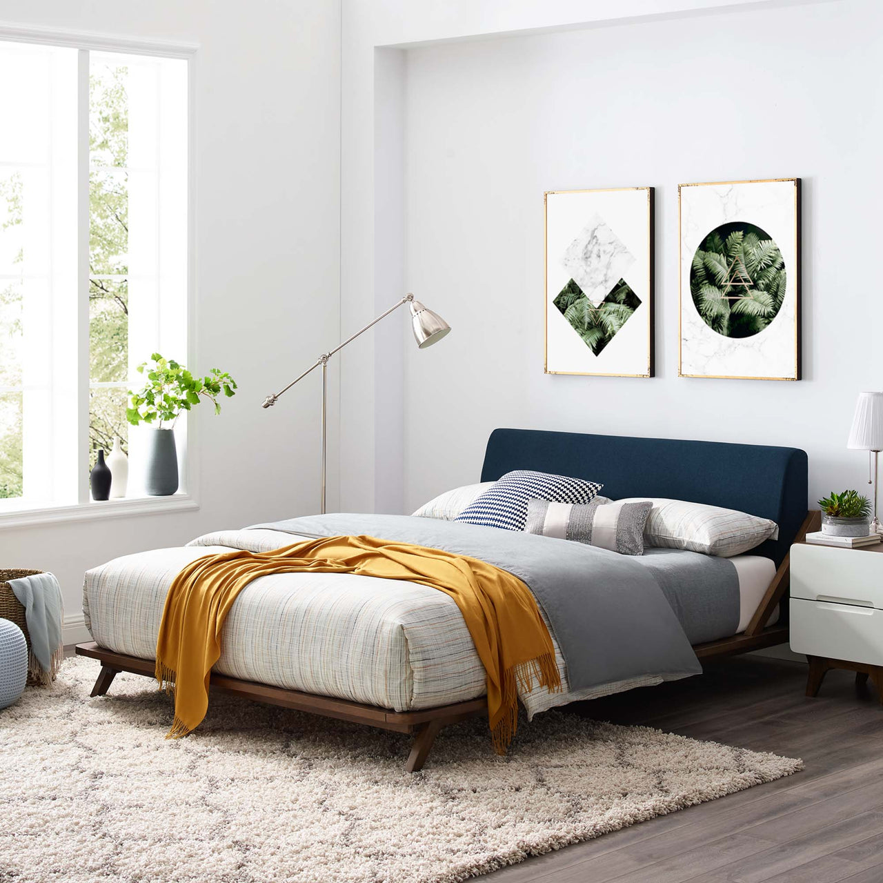 Luvena Queen Platform Bed, Walnut & Blue