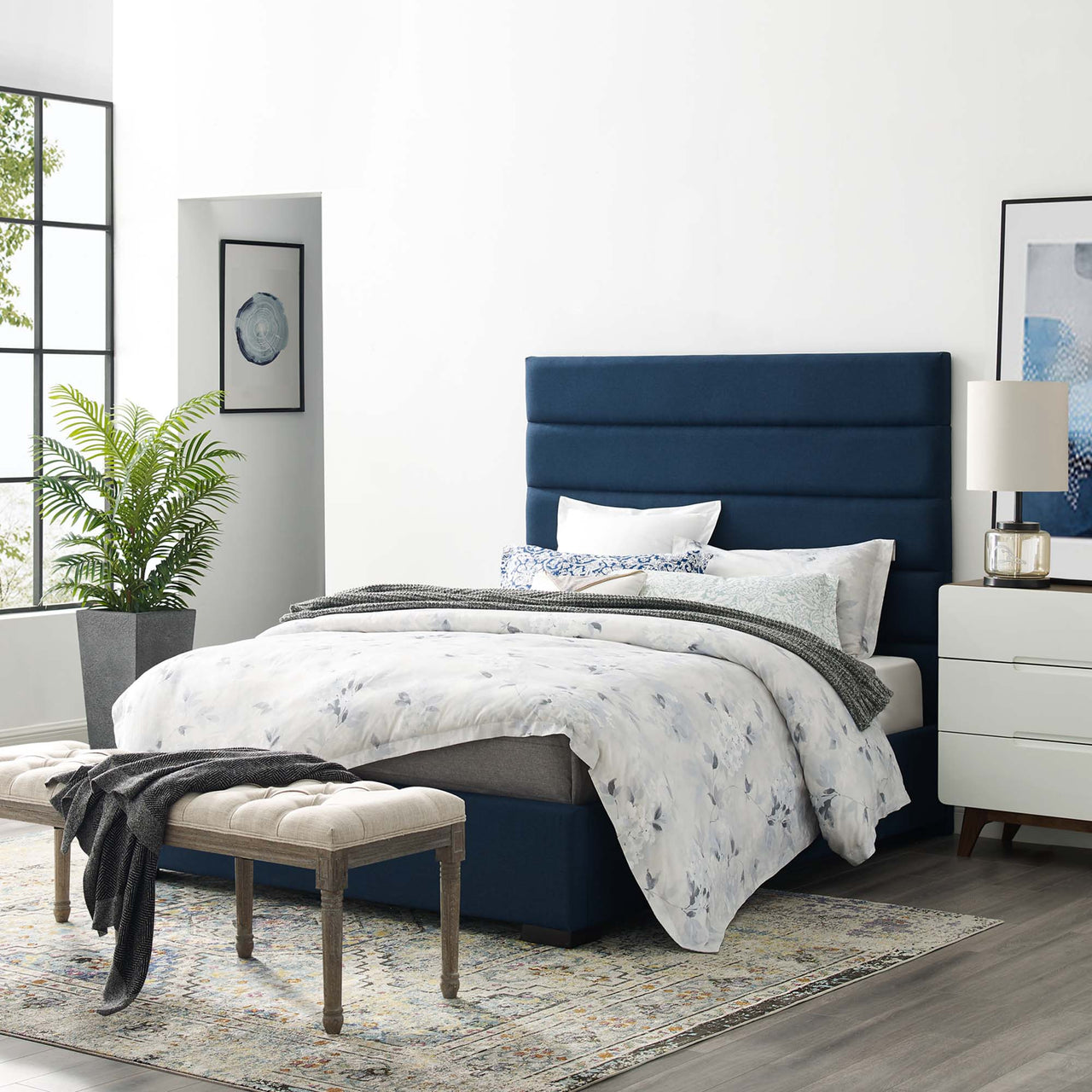 Noranti Fabric Queen Platform Bed, Dark Blue