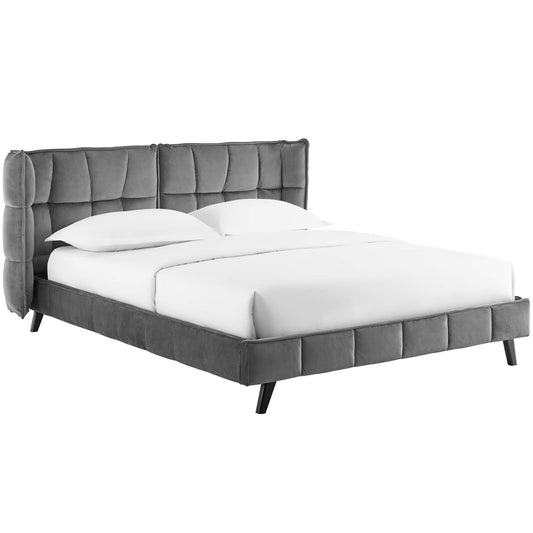 Calyra Velvet Queen Platform Bed, Gray