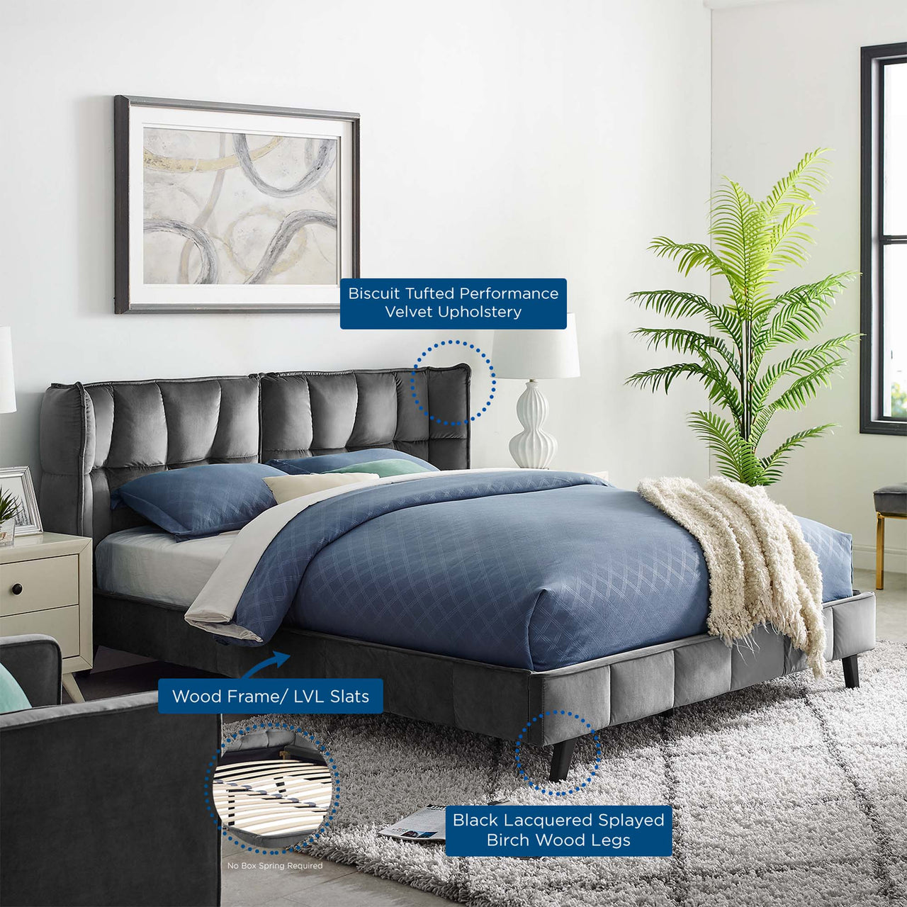 Calyra Velvet Queen Platform Bed, Gray