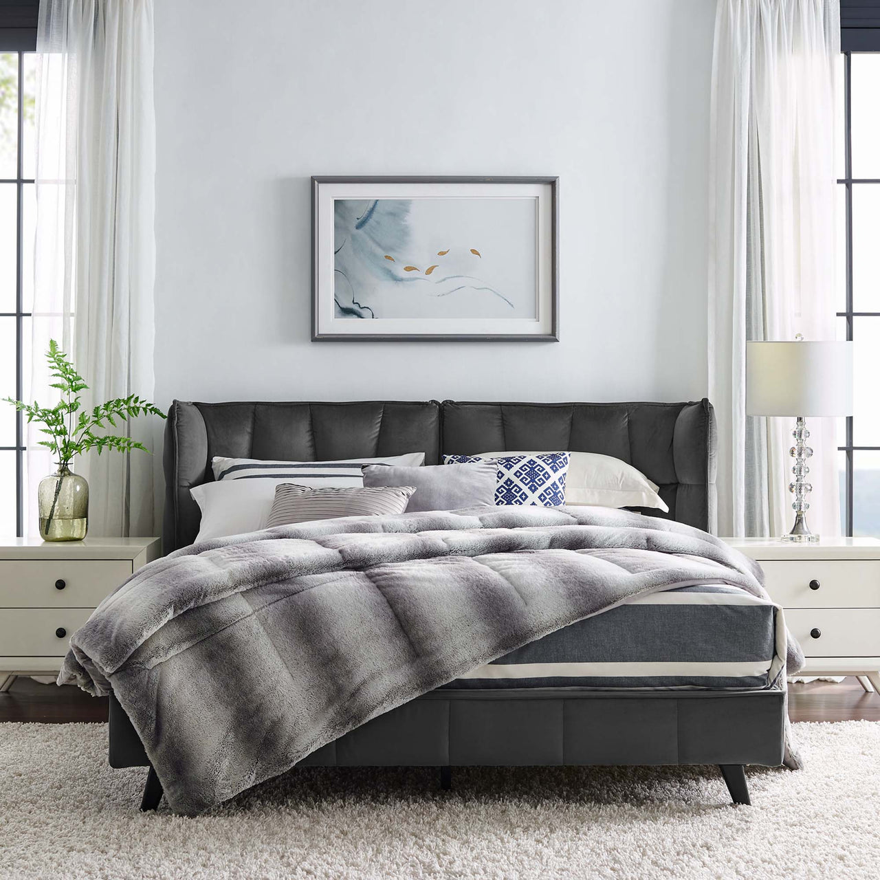 Calyra Velvet Queen Platform Bed, Gray