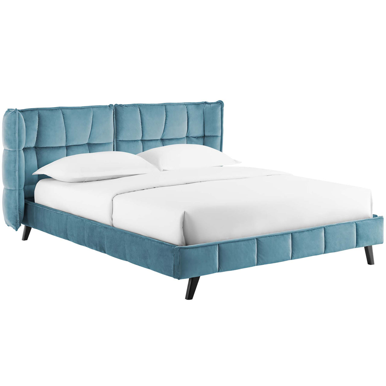 Calyra Velvet Queen Platform Bed, Caspian Blue