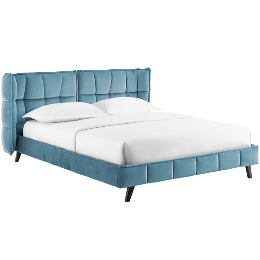 Calyra Velvet Queen Platform Bed, Caspian Blue