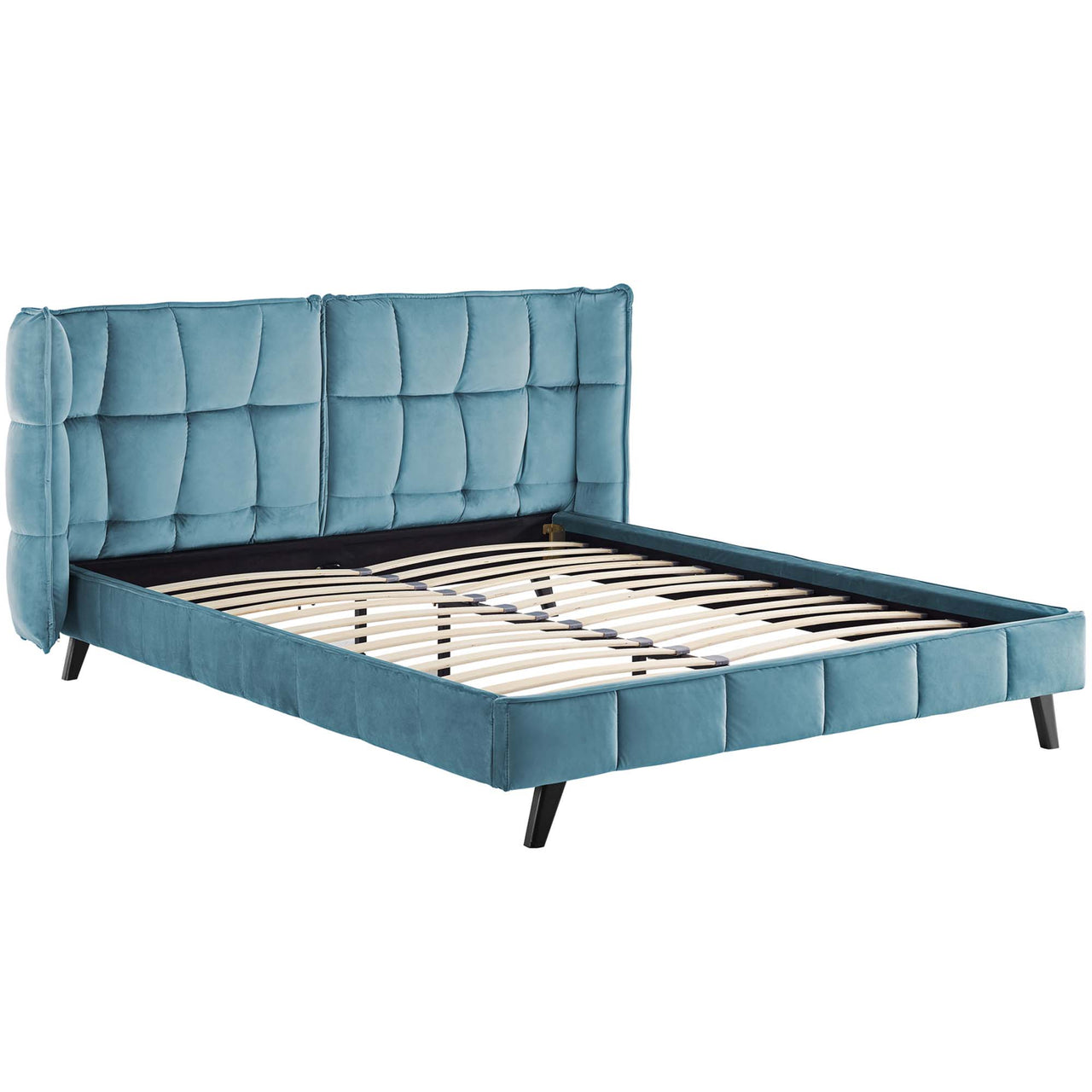 Calyra Velvet Queen Platform Bed, Caspian Blue