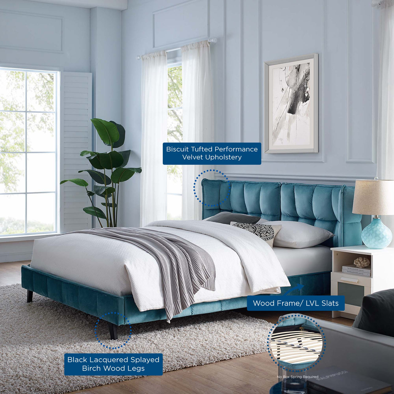 Calyra Velvet Queen Platform Bed, Caspian Blue