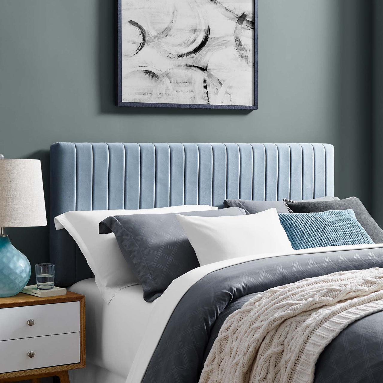 Velira Upholstered Velvet Full | Queen Headboard, Light Blue