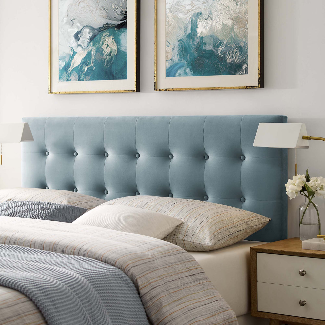 Emelle Velvet Queen Headboard, Light Blue