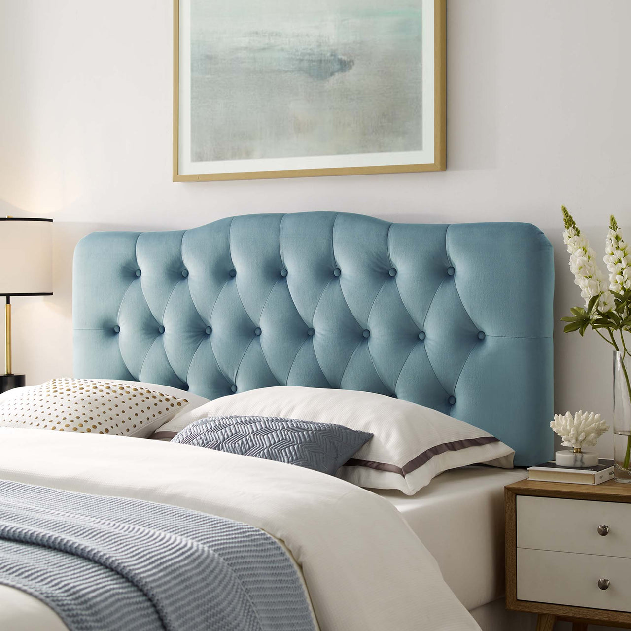 Serelle Velvet Queen Headboard, Light Blue
