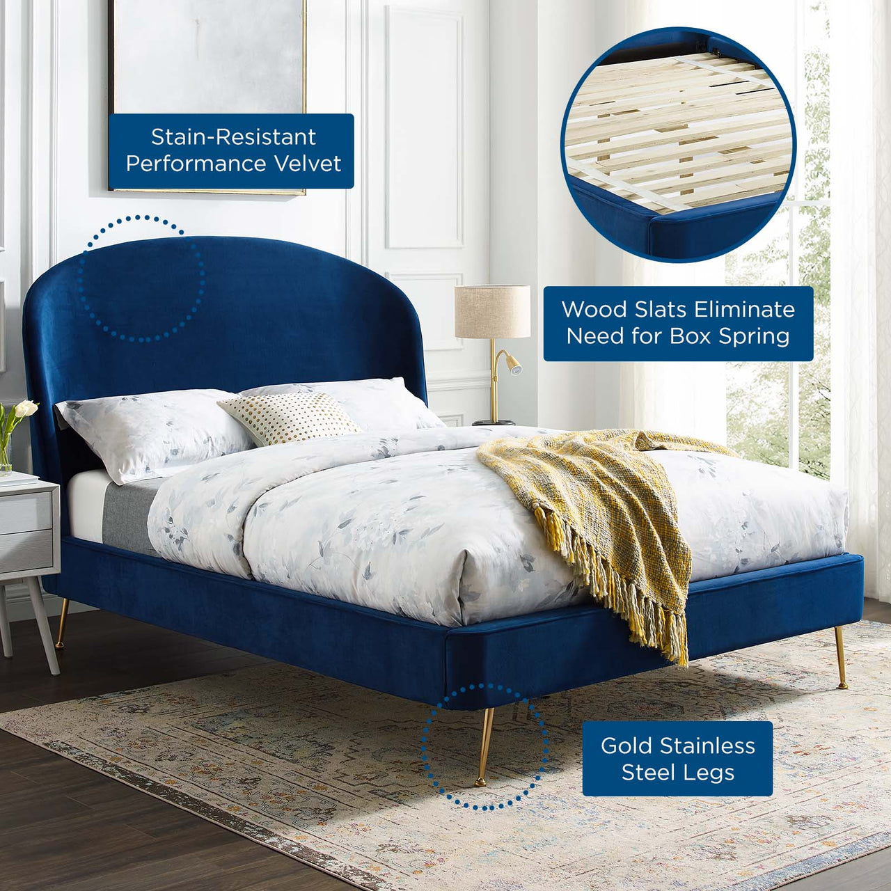 Cyravelle Velvet Queen Platform Bed, Navy