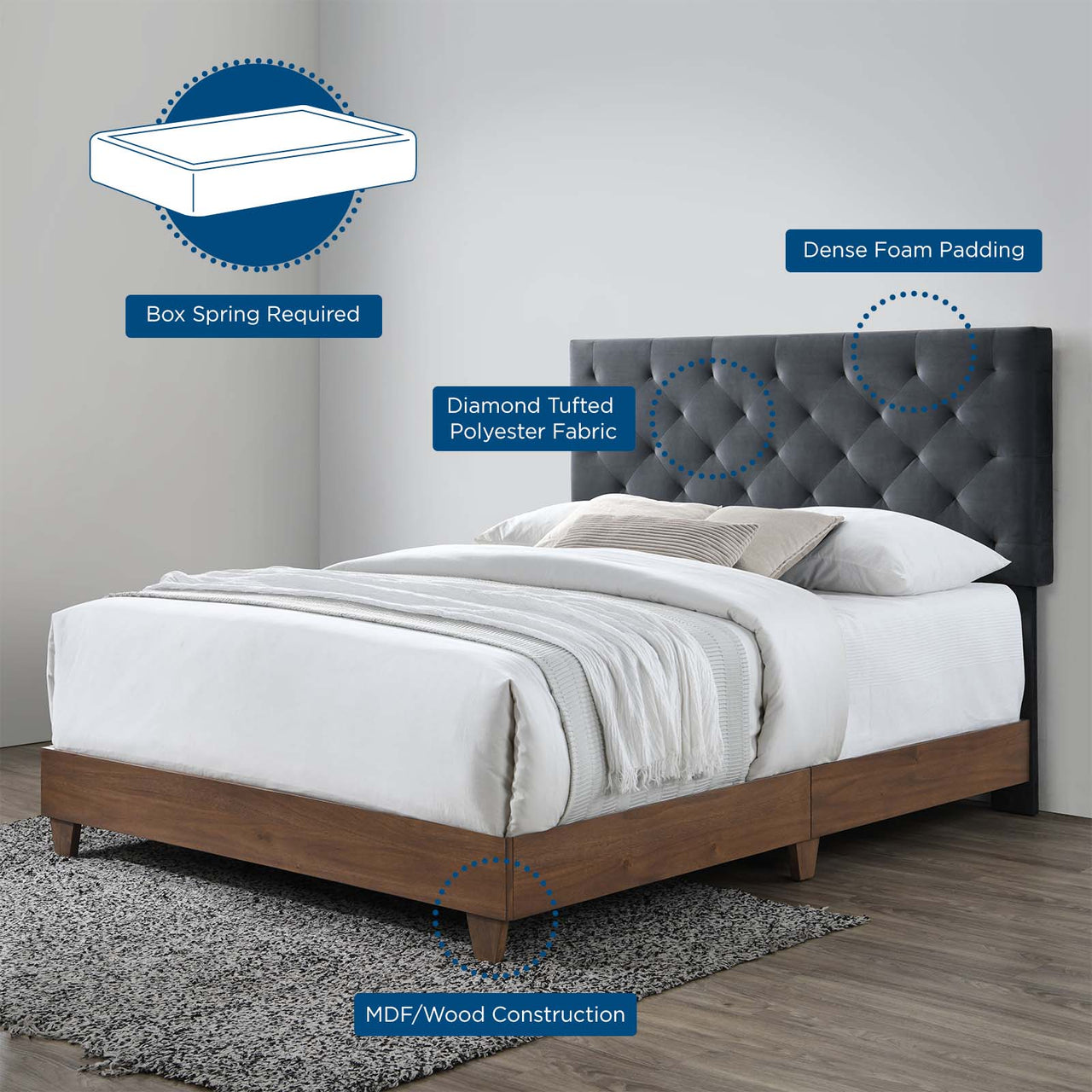 Barrier Velvet Queen Bed, Brown & Charcoal