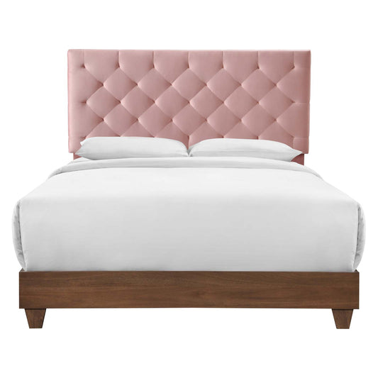 Barrier Velvet Queen Bed, Brown & Dusty Rose