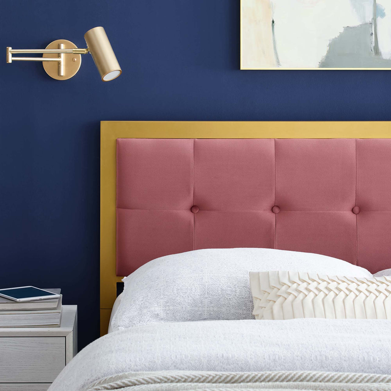 Telecom Upholstered Velvet Twin Headboard, Gold & Dusty Rose