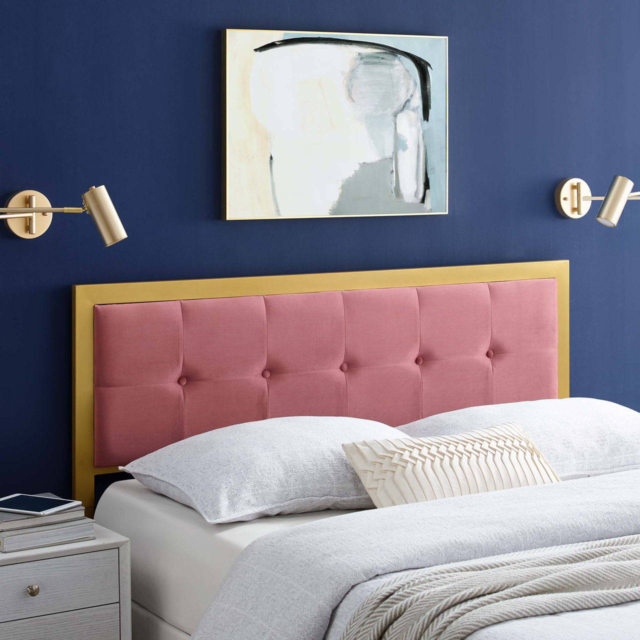Telecom Upholstered Velvet Twin Headboard, Gold & Dusty Rose