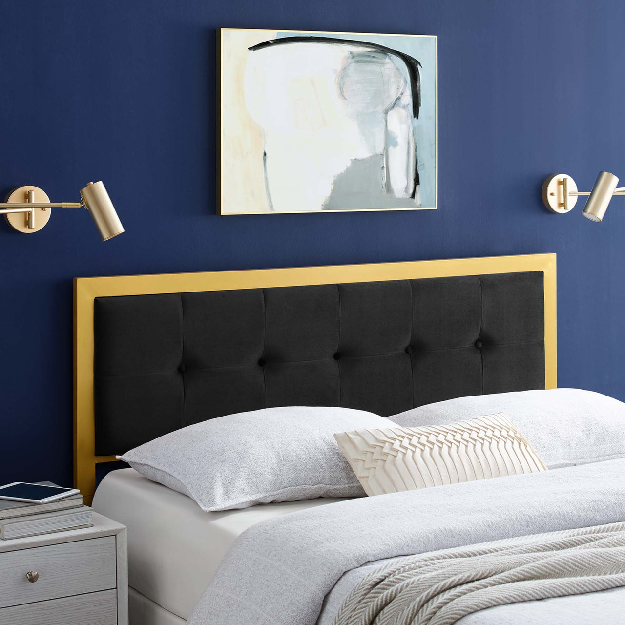 Telecom Upholstered Velvet Full Headboard, Gold & Black