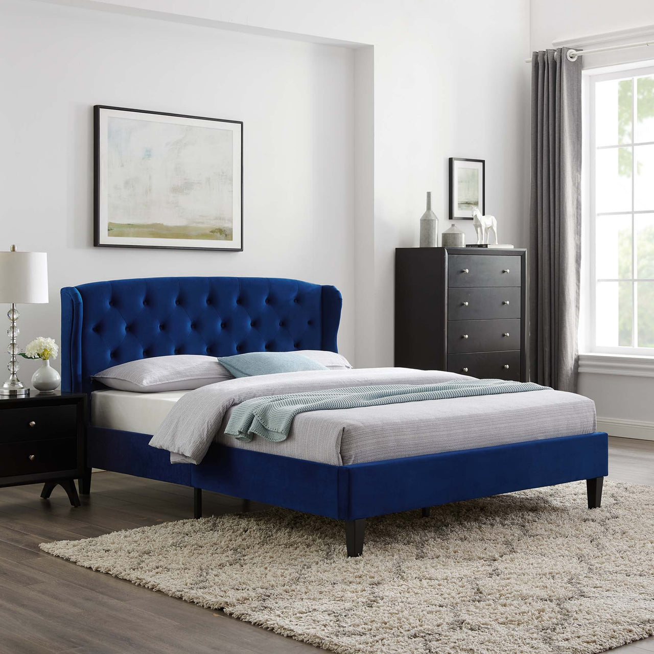 Marquess Velvet Queen Platform Bed, Navy