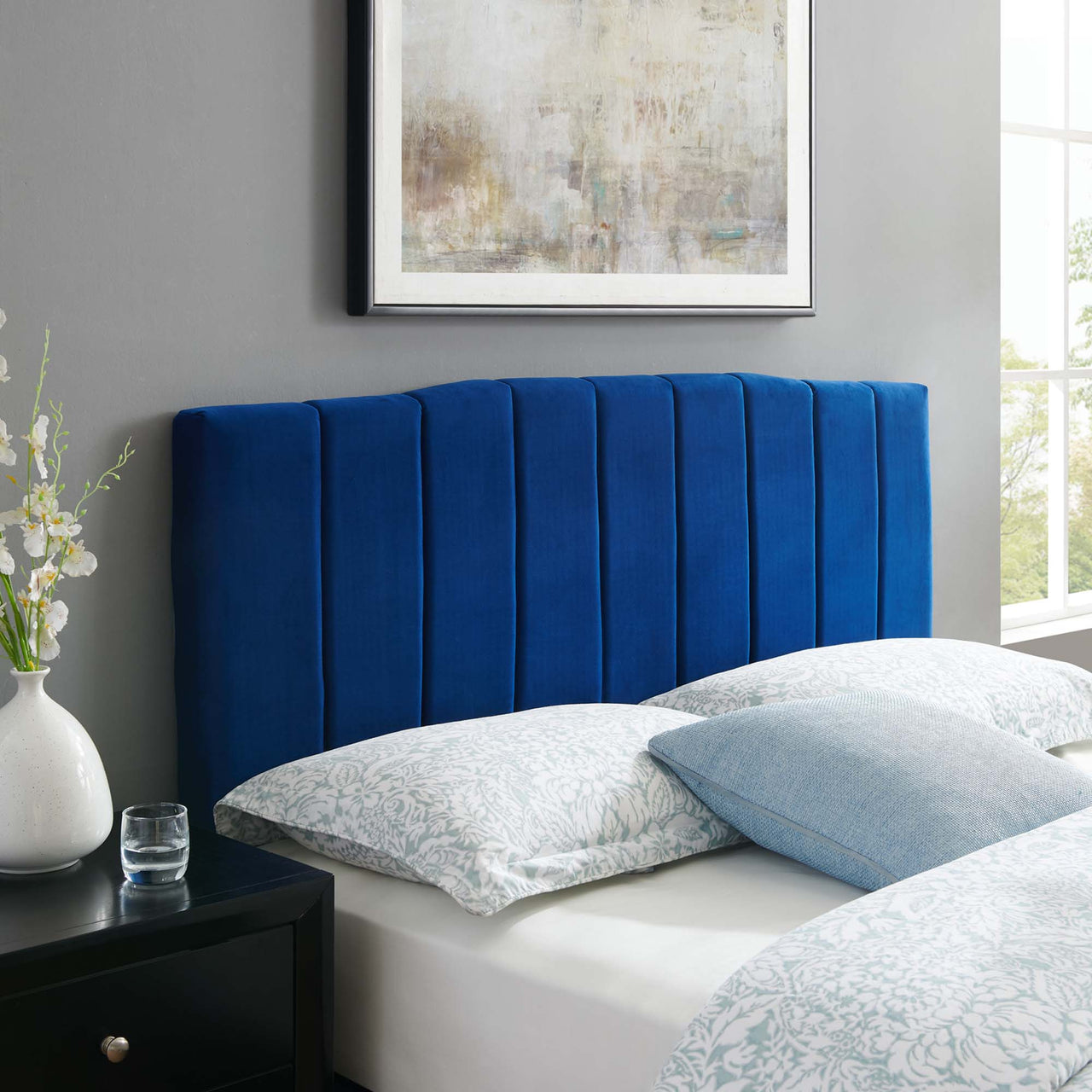 Calira Upholstered Velvet King | California King Headboard, Navy